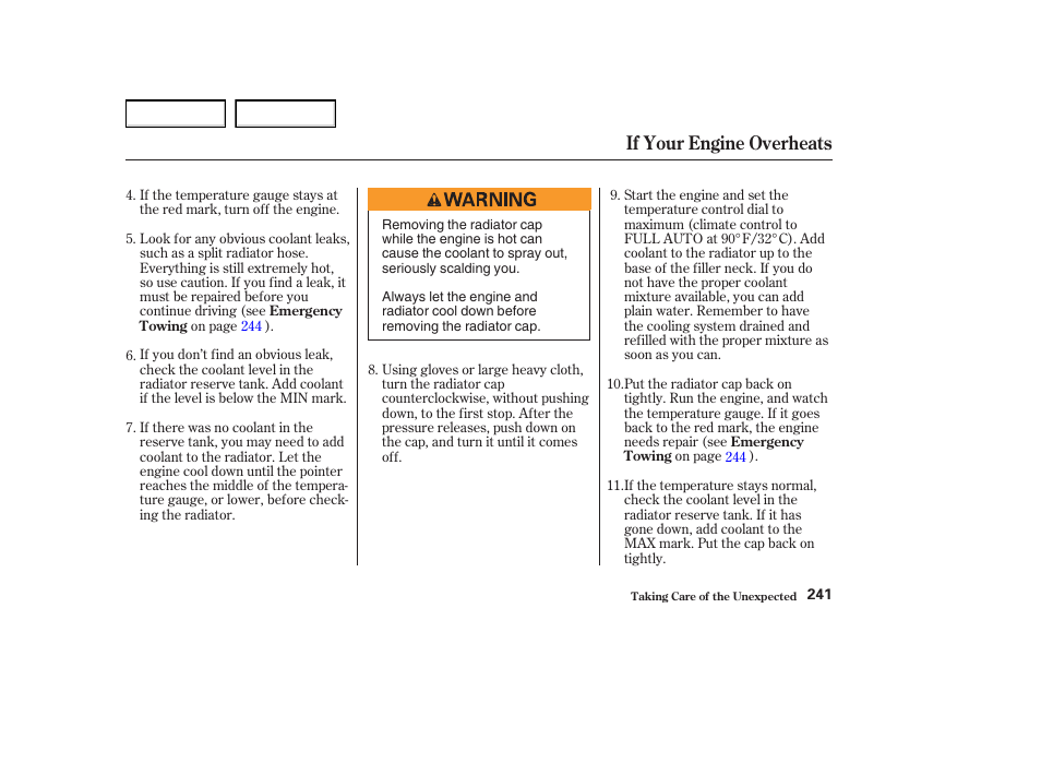 If your engine overheats | Acura 2004 MDX - Owner's Manual User Manual | Page 245 / 284
