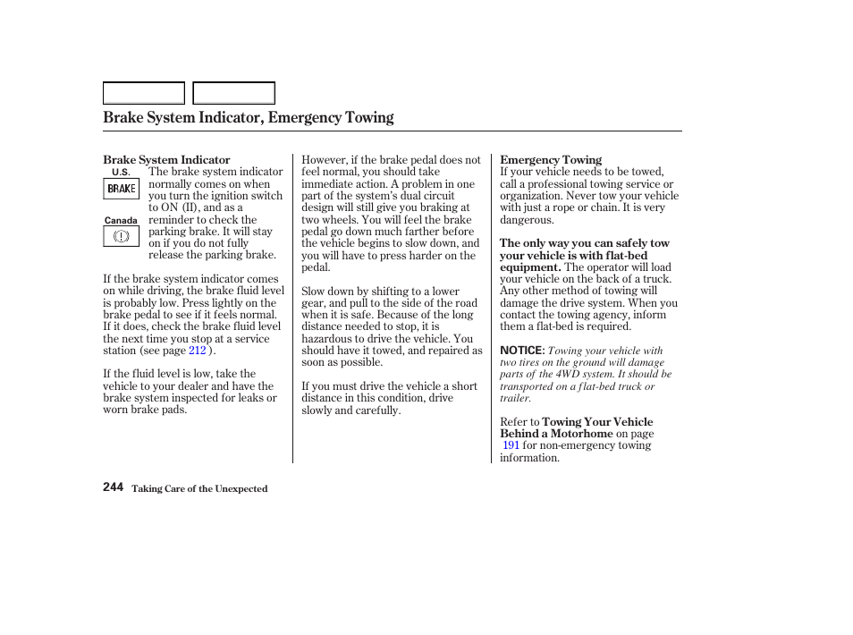 Brake system indicator, emergency towing | Acura 2004 MDX - Owner's Manual User Manual | Page 248 / 284