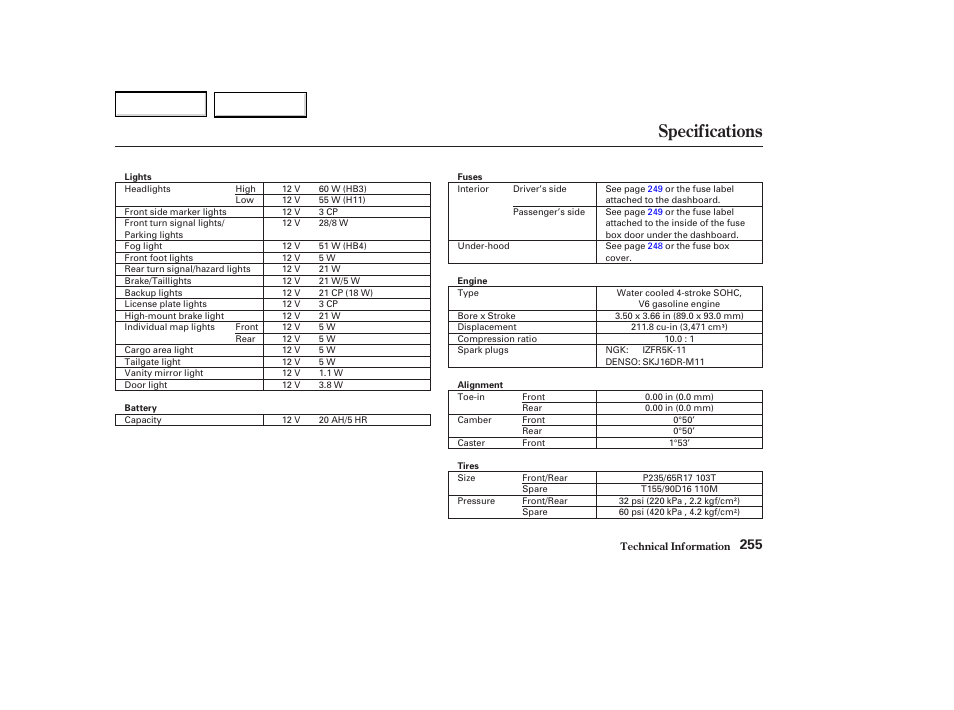 Specifications | Acura 2004 MDX - Owner's Manual User Manual | Page 259 / 284