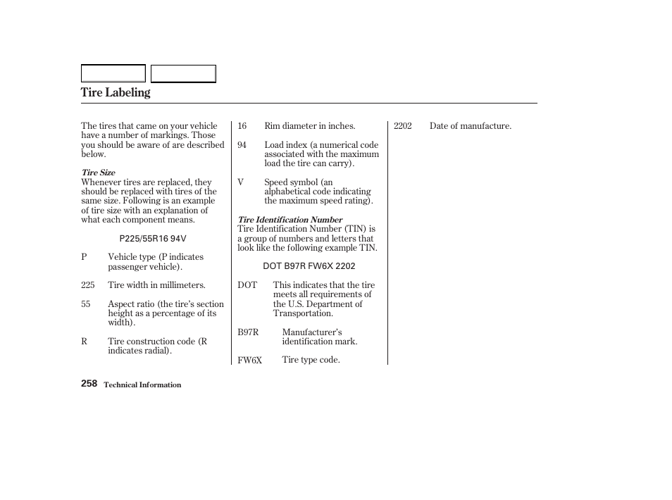 Tire labeling | Acura 2004 MDX - Owner's Manual User Manual | Page 262 / 284