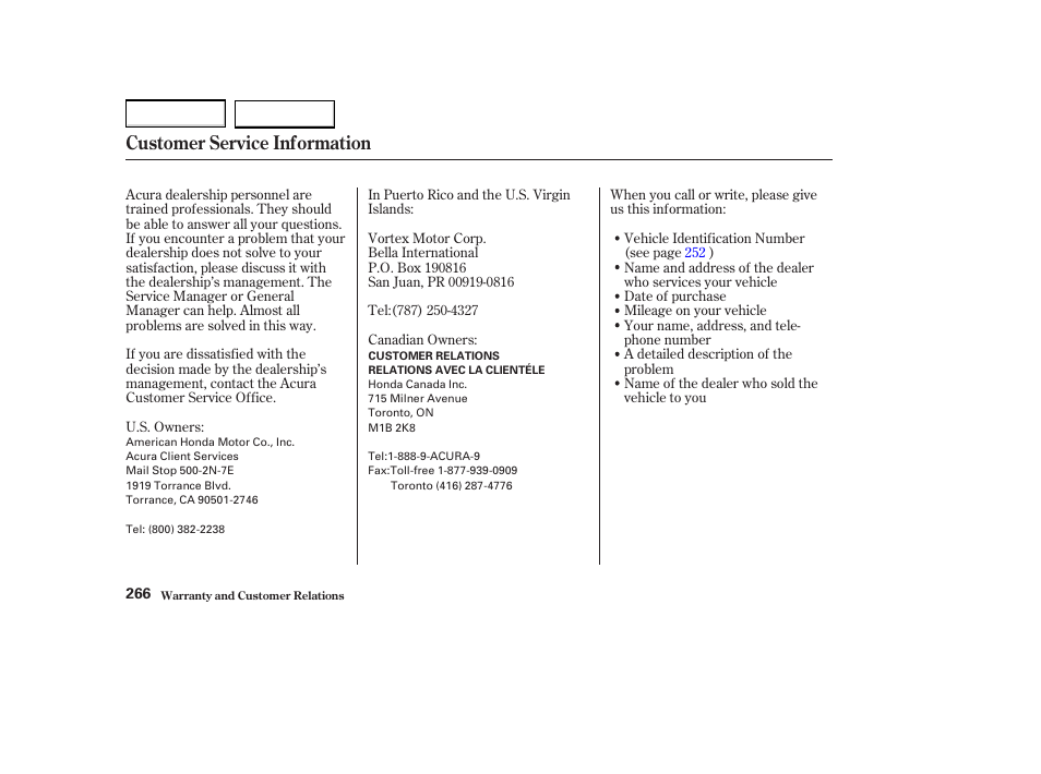 Customer service information | Acura 2004 MDX - Owner's Manual User Manual | Page 270 / 284