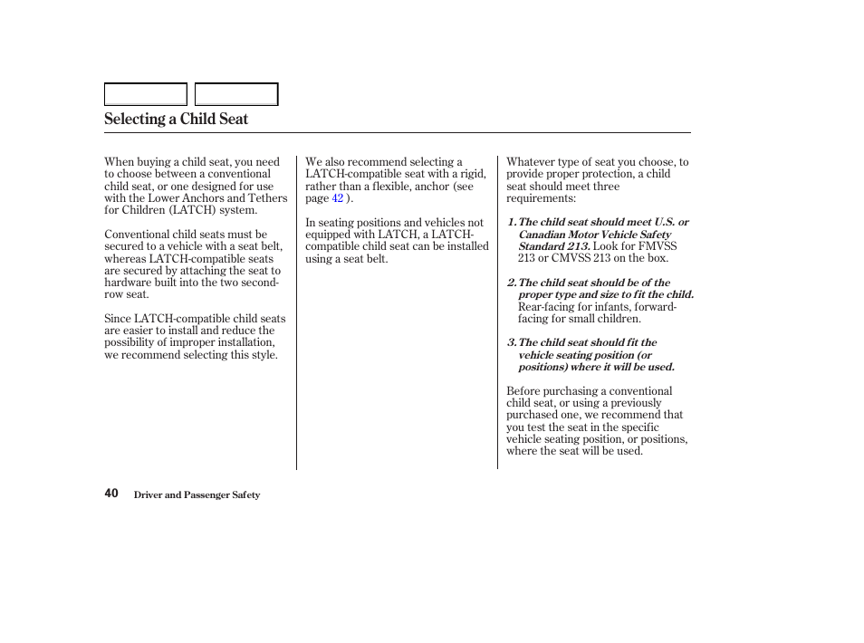 Selecting a child seat | Acura 2004 MDX - Owner's Manual User Manual | Page 44 / 284