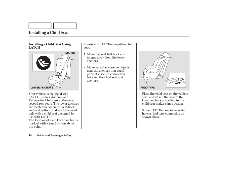 Installing a child seat | Acura 2004 MDX - Owner's Manual User Manual | Page 46 / 284