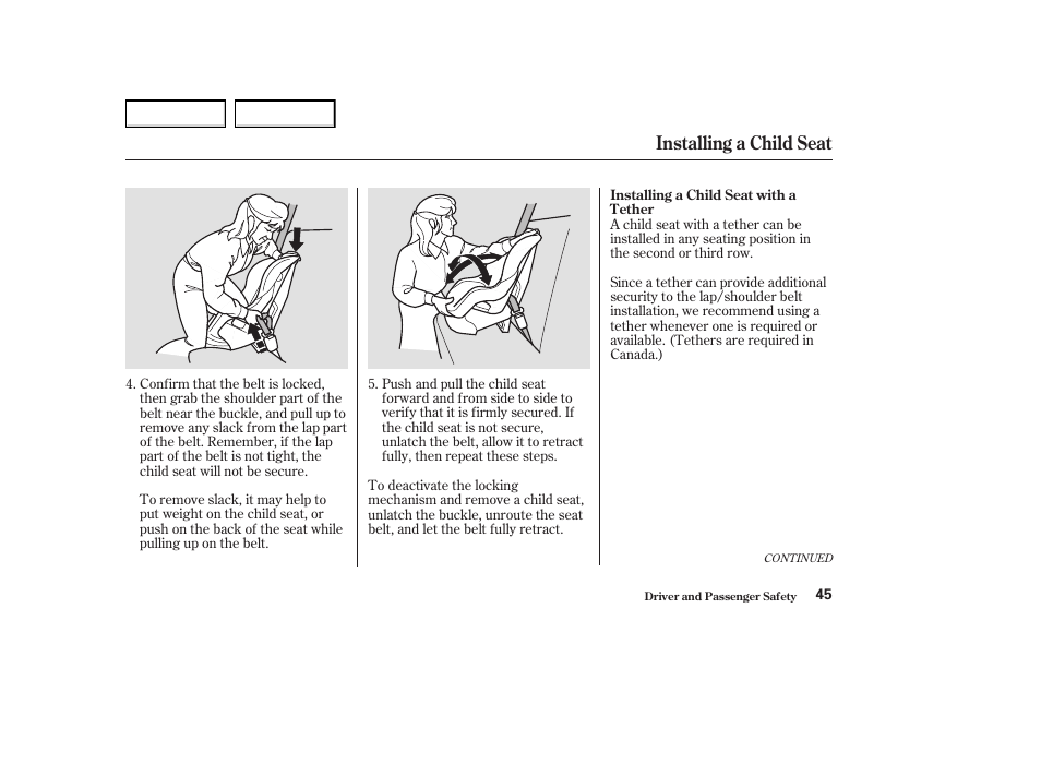 Installing a child seat | Acura 2004 MDX - Owner's Manual User Manual | Page 49 / 284