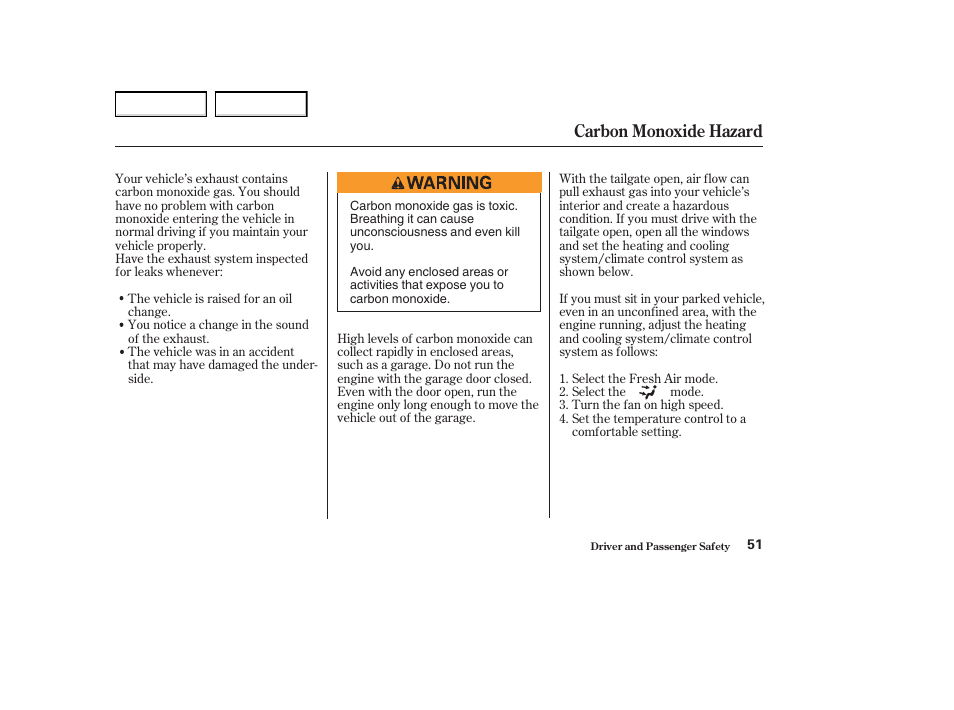 Carbon monoxide hazard | Acura 2004 MDX - Owner's Manual User Manual | Page 55 / 284