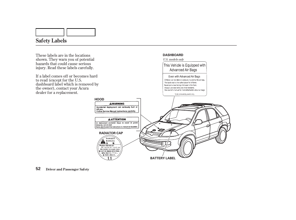Safety labels | Acura 2004 MDX - Owner's Manual User Manual | Page 56 / 284