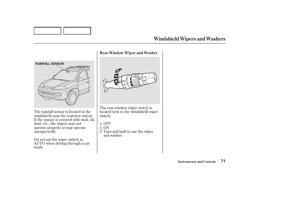Windshield wipers and washers | Acura 2004 MDX - Owner's Manual User Manual | Page 75 / 284