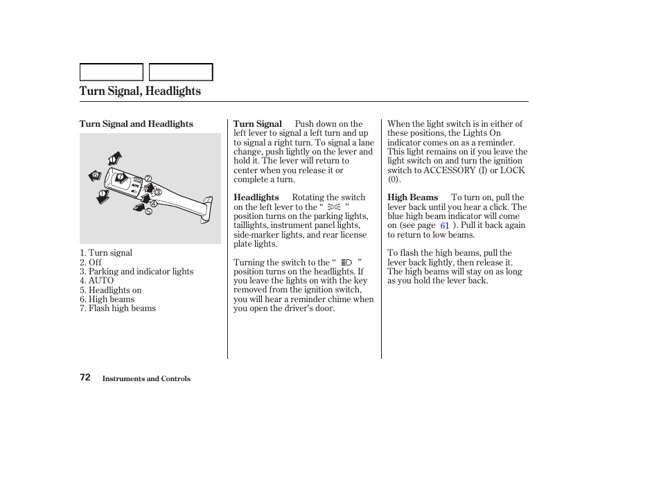 Turn signal, headlights | Acura 2004 MDX - Owner's Manual User Manual | Page 76 / 284