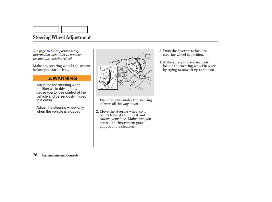Steering wheel adjustment | Acura 2004 MDX - Owner's Manual User Manual | Page 80 / 284