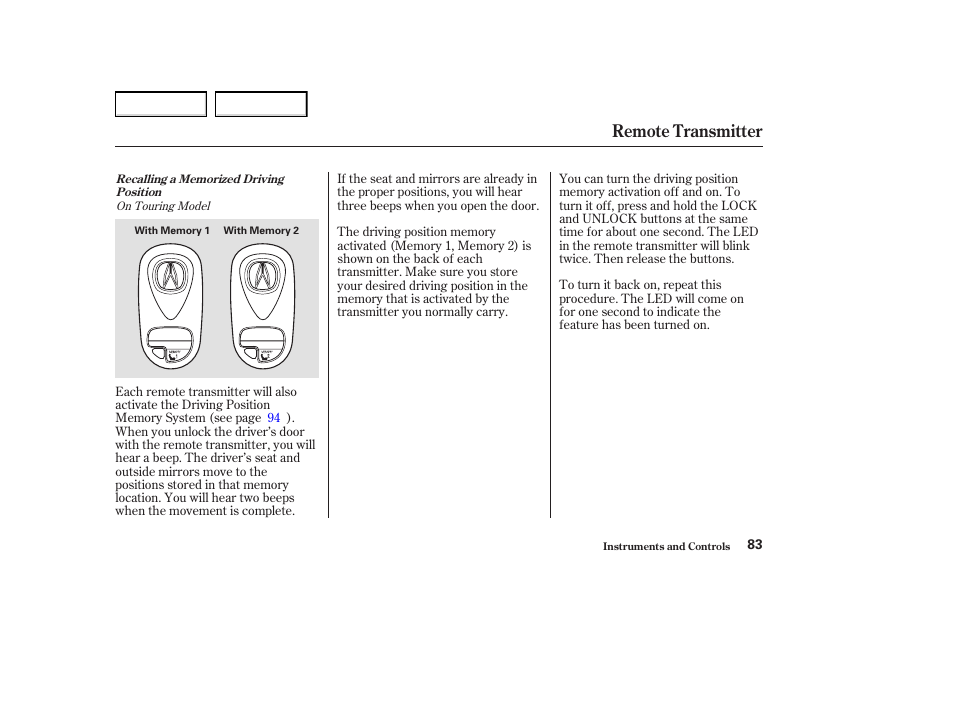 Remote transmitter | Acura 2004 MDX - Owner's Manual User Manual | Page 87 / 284