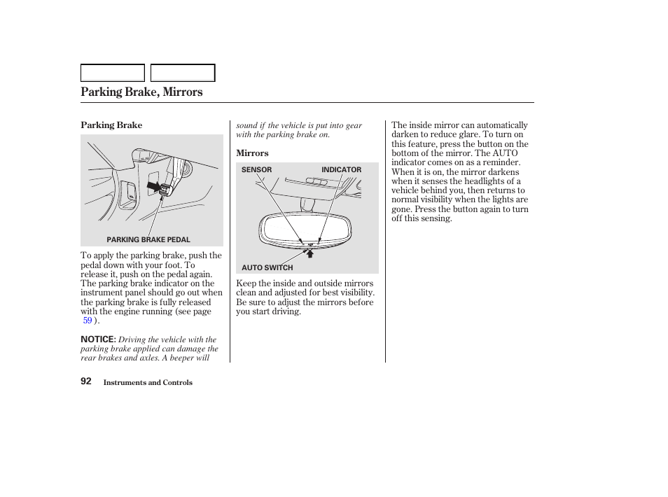 Parking brake, mirrors | Acura 2004 MDX - Owner's Manual User Manual | Page 96 / 284