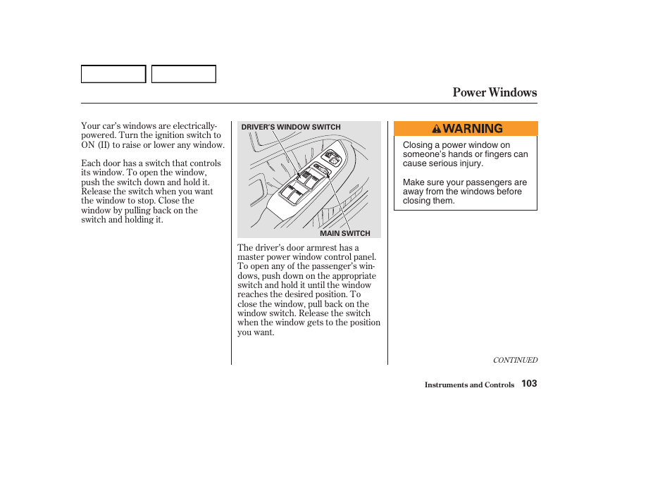 Power windows | Acura 2004 RL - Owner's Manual User Manual | Page 106 / 370