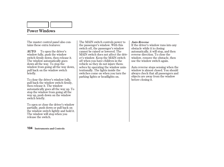 Power windows | Acura 2004 RL - Owner's Manual User Manual | Page 107 / 370