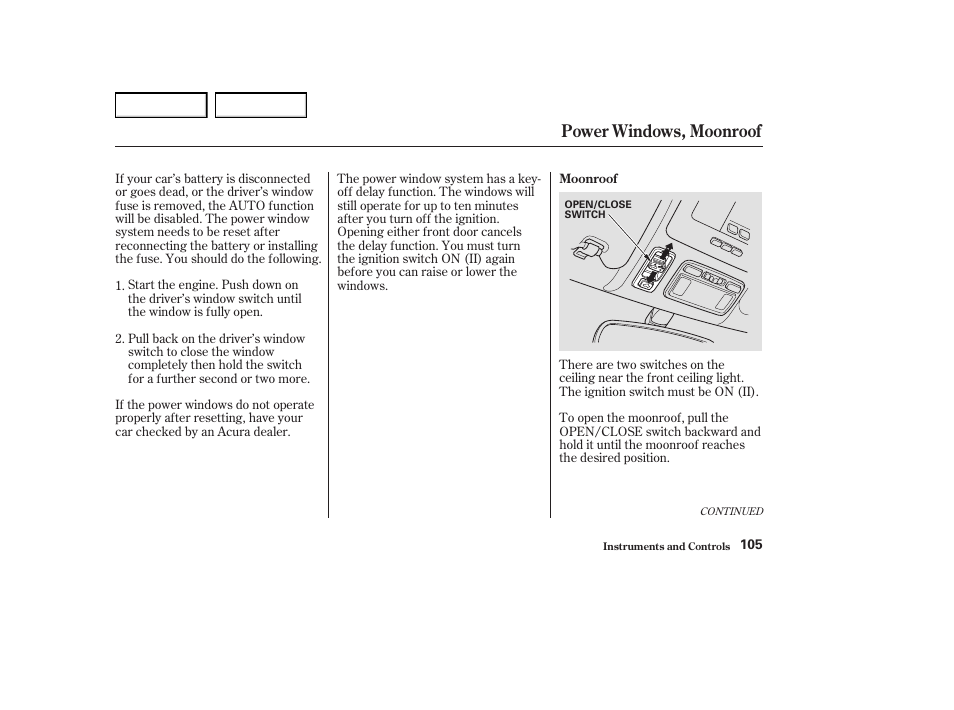 Power windows, moonroof | Acura 2004 RL - Owner's Manual User Manual | Page 108 / 370