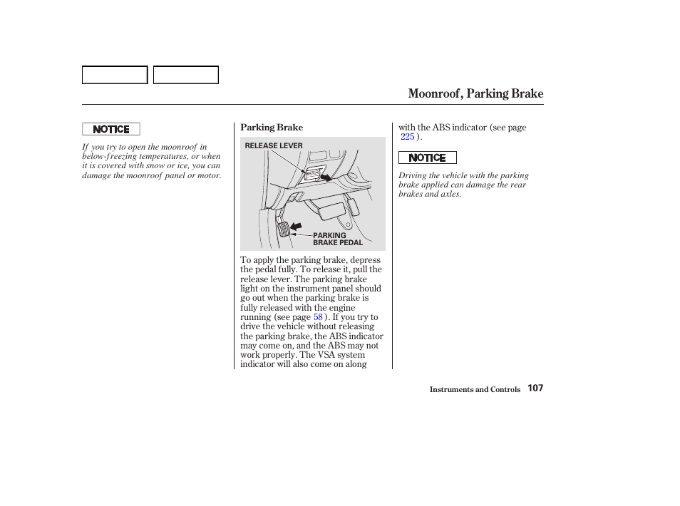 Moonroof, parking brake | Acura 2004 RL - Owner's Manual User Manual | Page 110 / 370