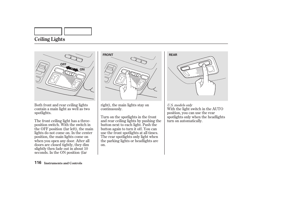 Ceiling lights | Acura 2004 RL - Owner's Manual User Manual | Page 119 / 370