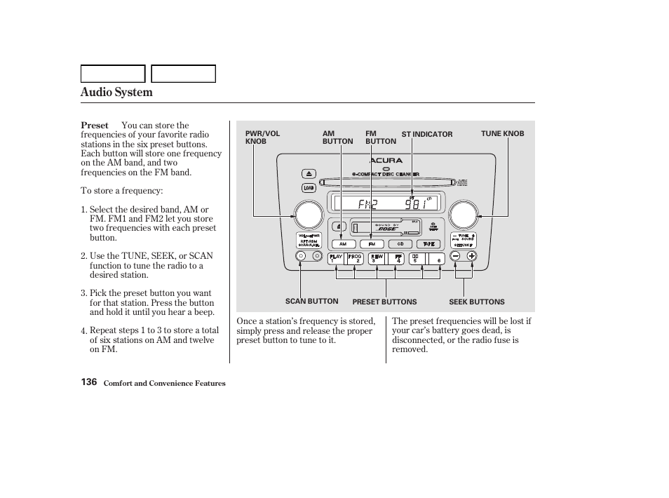 Audio system | Acura 2004 RL - Owner's Manual User Manual | Page 139 / 370