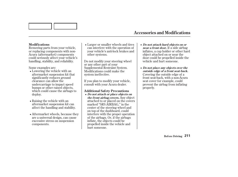 Accessories and modifications | Acura 2004 RL - Owner's Manual User Manual | Page 214 / 370