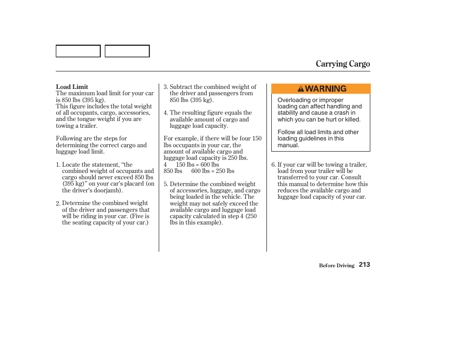 Carrying cargo | Acura 2004 RL - Owner's Manual User Manual | Page 216 / 370