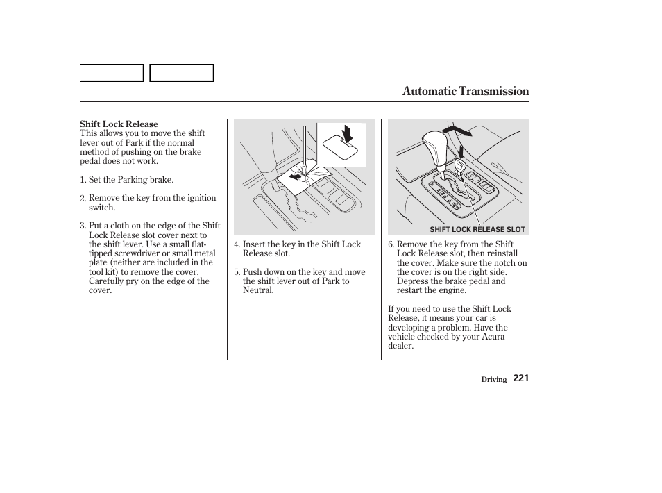 Automatic transmission | Acura 2004 RL - Owner's Manual User Manual | Page 224 / 370