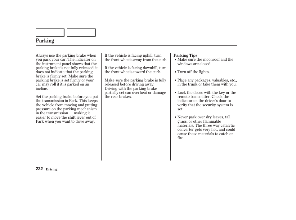 Parking | Acura 2004 RL - Owner's Manual User Manual | Page 225 / 370