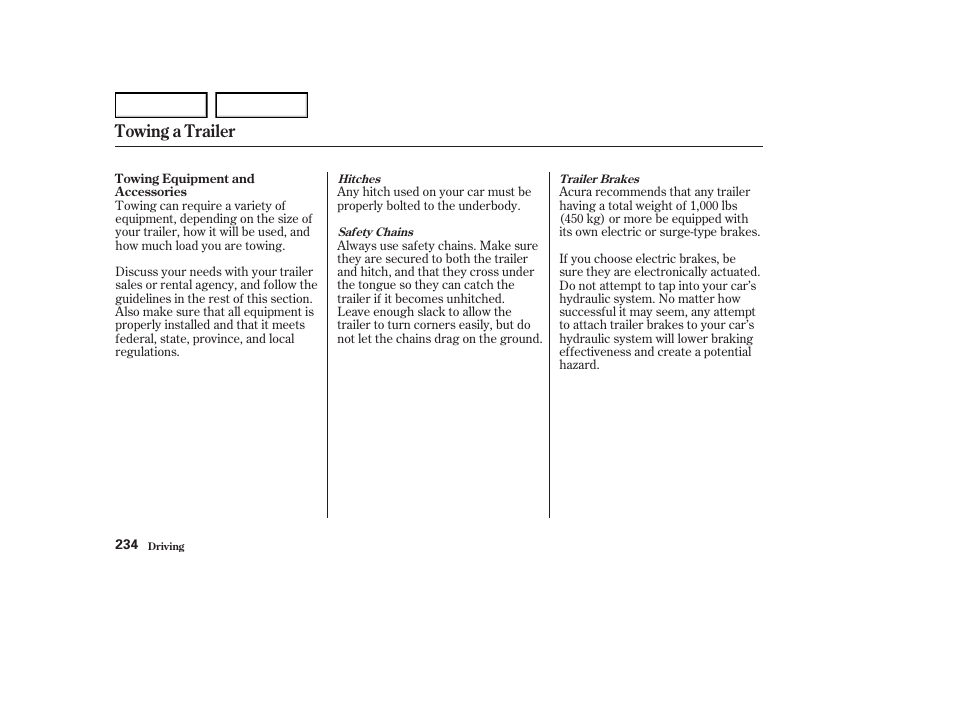 Towing a trailer | Acura 2004 RL - Owner's Manual User Manual | Page 237 / 370