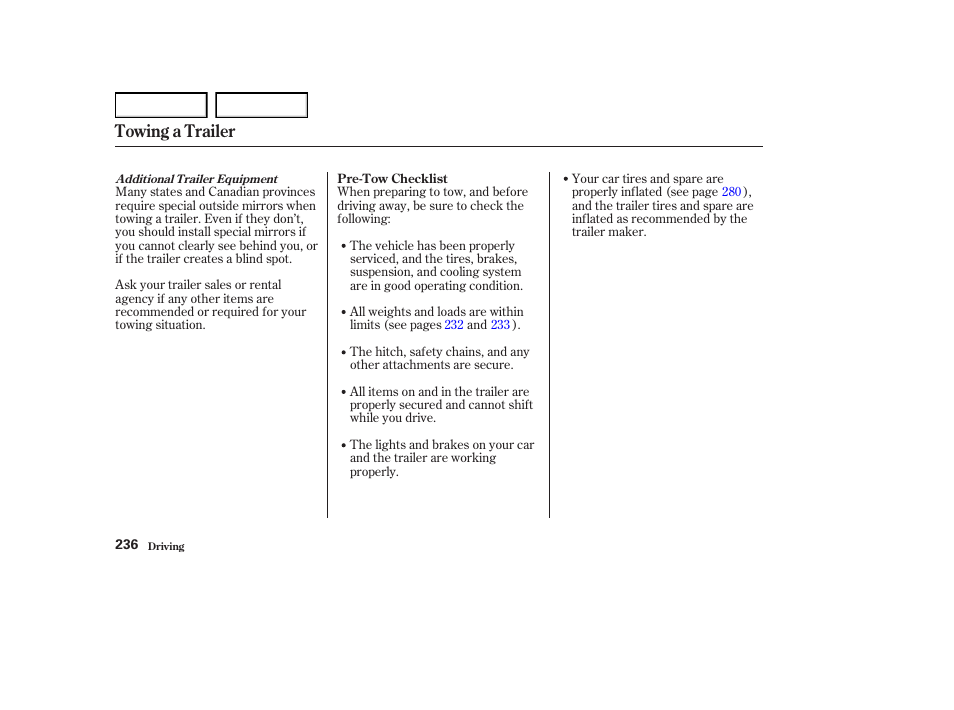 Towing a trailer | Acura 2004 RL - Owner's Manual User Manual | Page 239 / 370