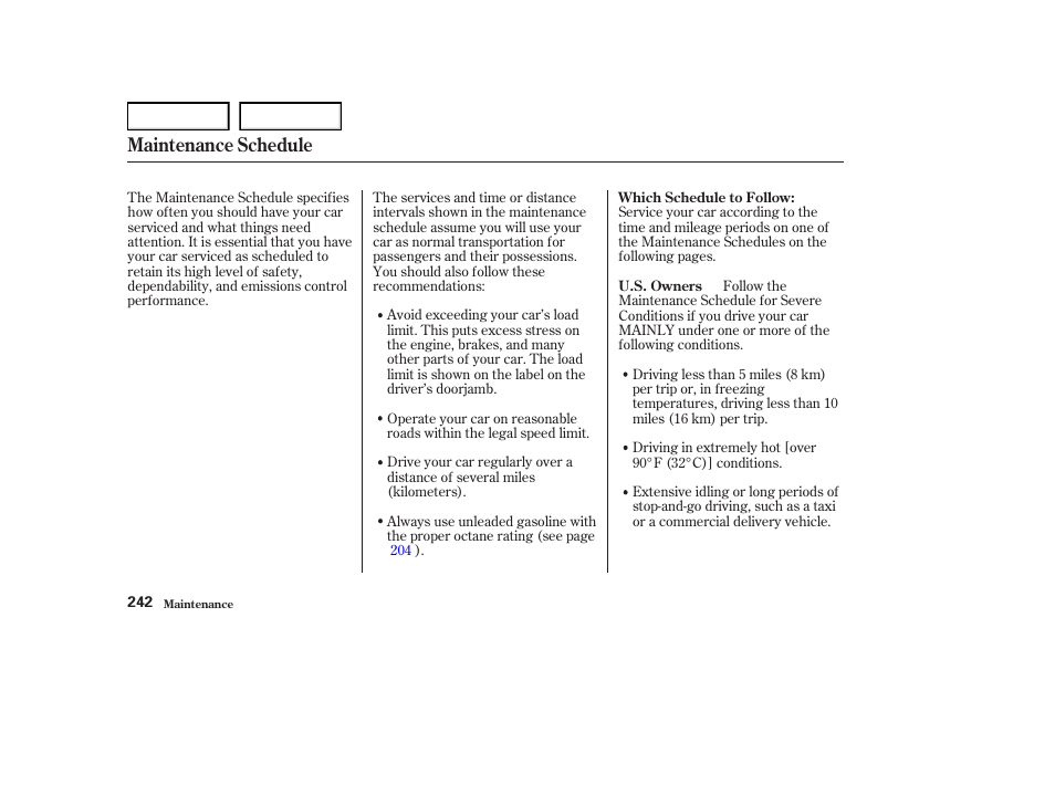 Maintenance schedule | Acura 2004 RL - Owner's Manual User Manual | Page 245 / 370