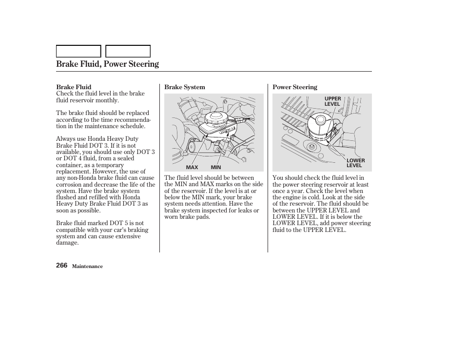 Brake fluid, power steering | Acura 2004 RL - Owner's Manual User Manual | Page 269 / 370