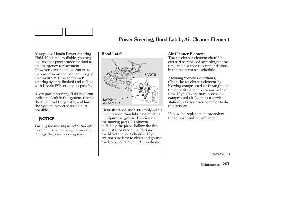 Power steering, hood latch, air cleaner element | Acura 2004 RL - Owner's Manual User Manual | Page 270 / 370