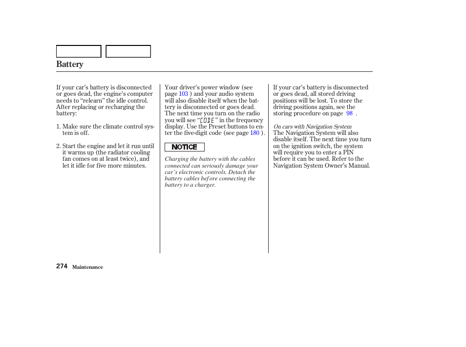 Battery | Acura 2004 RL - Owner's Manual User Manual | Page 277 / 370