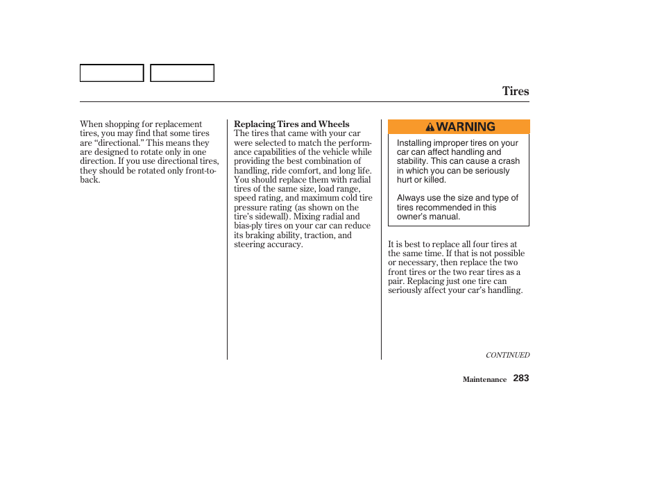 Tires | Acura 2004 RL - Owner's Manual User Manual | Page 286 / 370