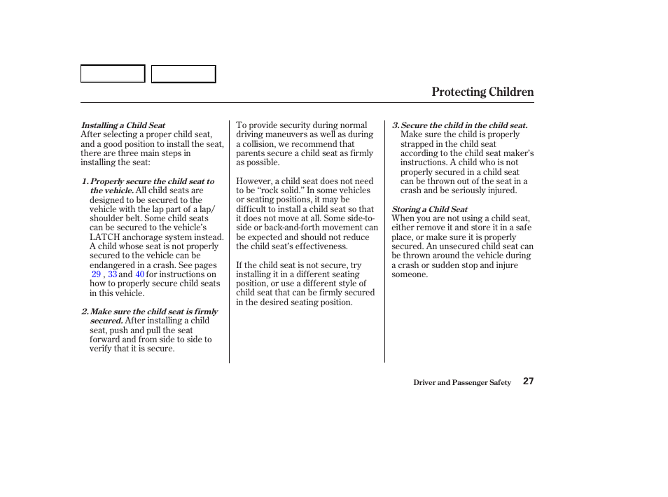 Protecting children | Acura 2004 RL - Owner's Manual User Manual | Page 30 / 370