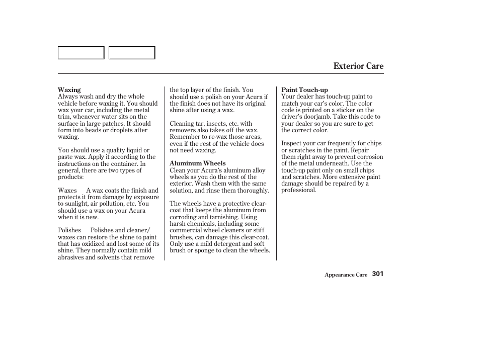 Exterior care | Acura 2004 RL - Owner's Manual User Manual | Page 304 / 370