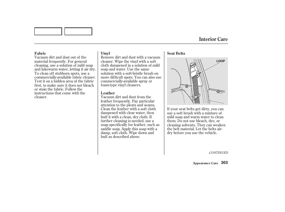 Interior care | Acura 2004 RL - Owner's Manual User Manual | Page 306 / 370