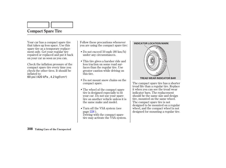 Compact spare tire | Acura 2004 RL - Owner's Manual User Manual | Page 311 / 370