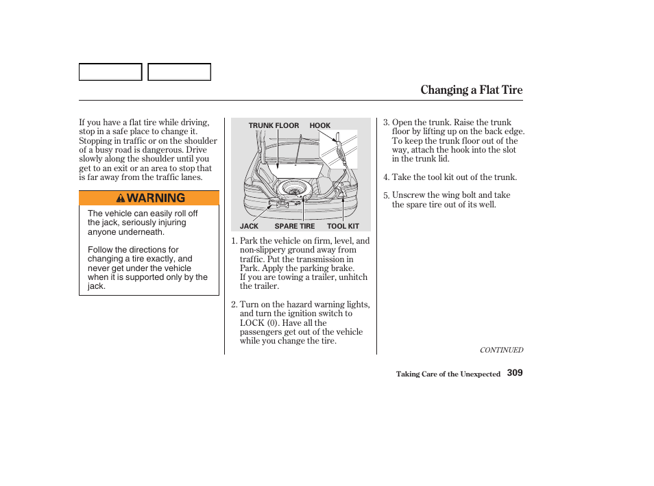 Changing a flat tire | Acura 2004 RL - Owner's Manual User Manual | Page 312 / 370