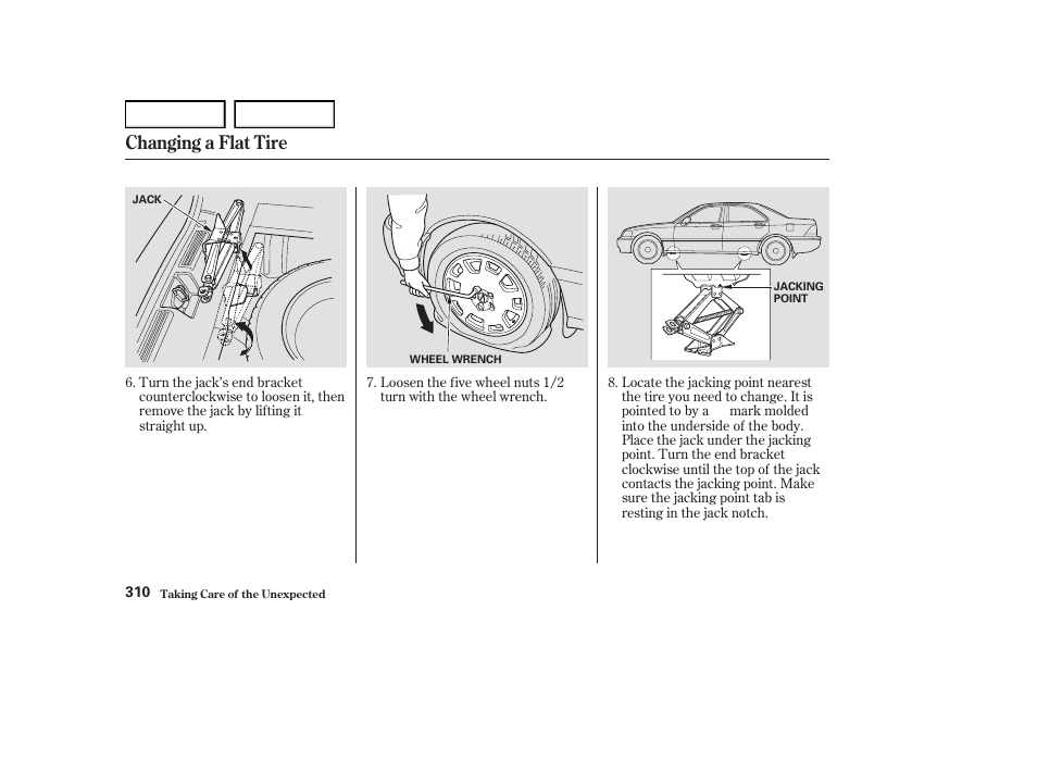 Changing a flat tire | Acura 2004 RL - Owner's Manual User Manual | Page 313 / 370