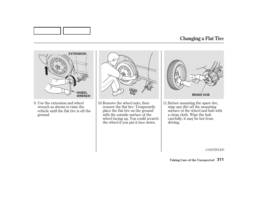 Changing a flat tire | Acura 2004 RL - Owner's Manual User Manual | Page 314 / 370