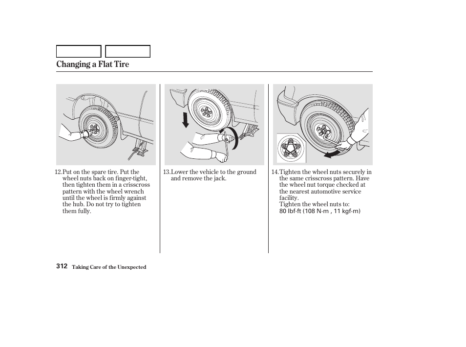 Changing a flat tire | Acura 2004 RL - Owner's Manual User Manual | Page 315 / 370