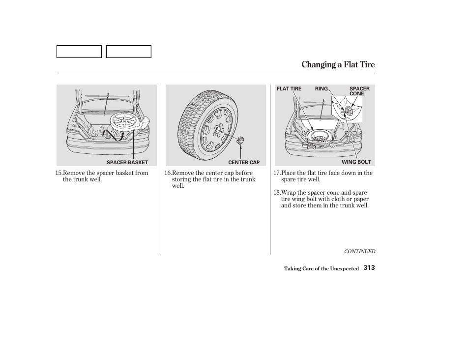 Changing a flat tire | Acura 2004 RL - Owner's Manual User Manual | Page 316 / 370