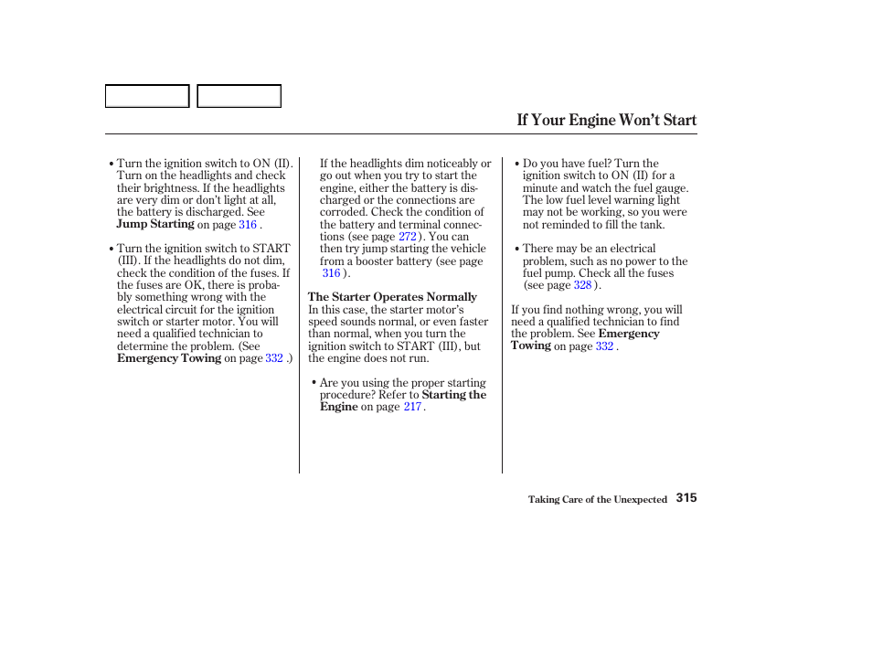 If your engine won’t start | Acura 2004 RL - Owner's Manual User Manual | Page 318 / 370