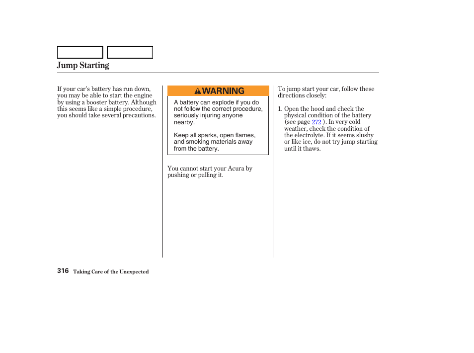 Jump starting | Acura 2004 RL - Owner's Manual User Manual | Page 319 / 370