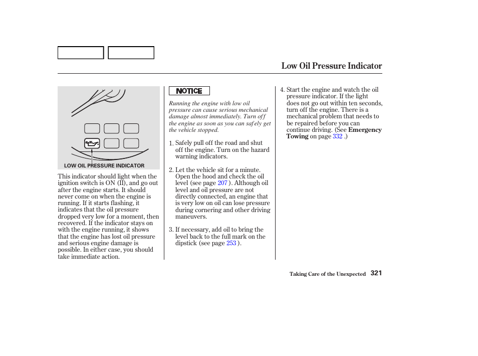 Low oil pressure indicator | Acura 2004 RL - Owner's Manual User Manual | Page 324 / 370