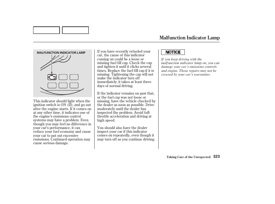 Malfunction indicator lamp | Acura 2004 RL - Owner's Manual User Manual | Page 326 / 370