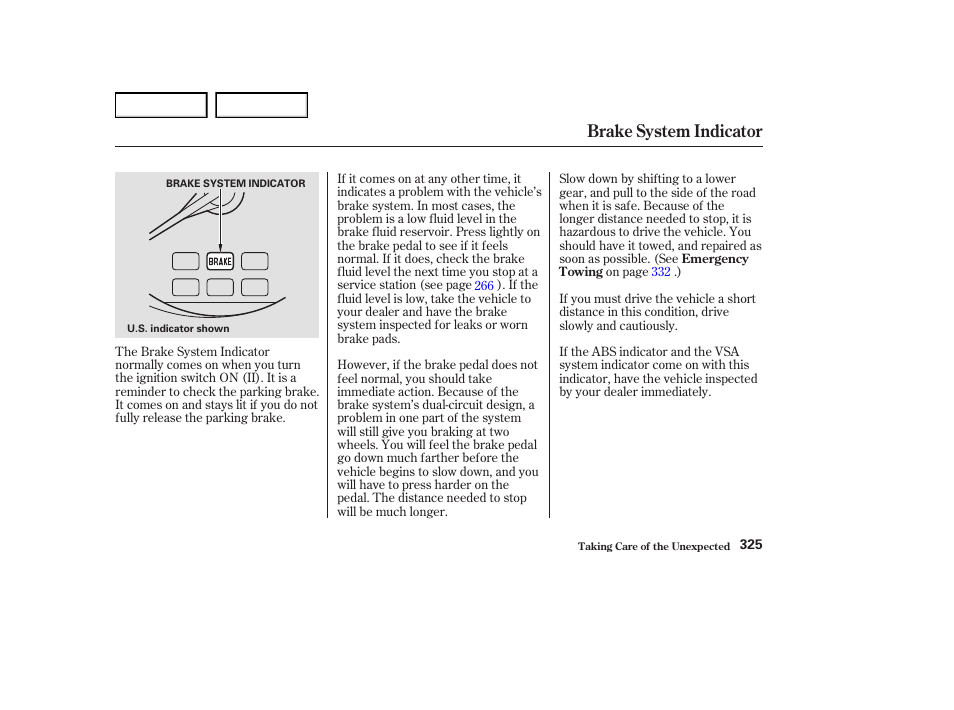 Brake system indicator | Acura 2004 RL - Owner's Manual User Manual | Page 328 / 370