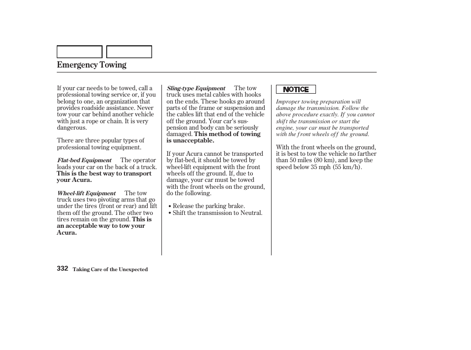 Emergency towing | Acura 2004 RL - Owner's Manual User Manual | Page 335 / 370