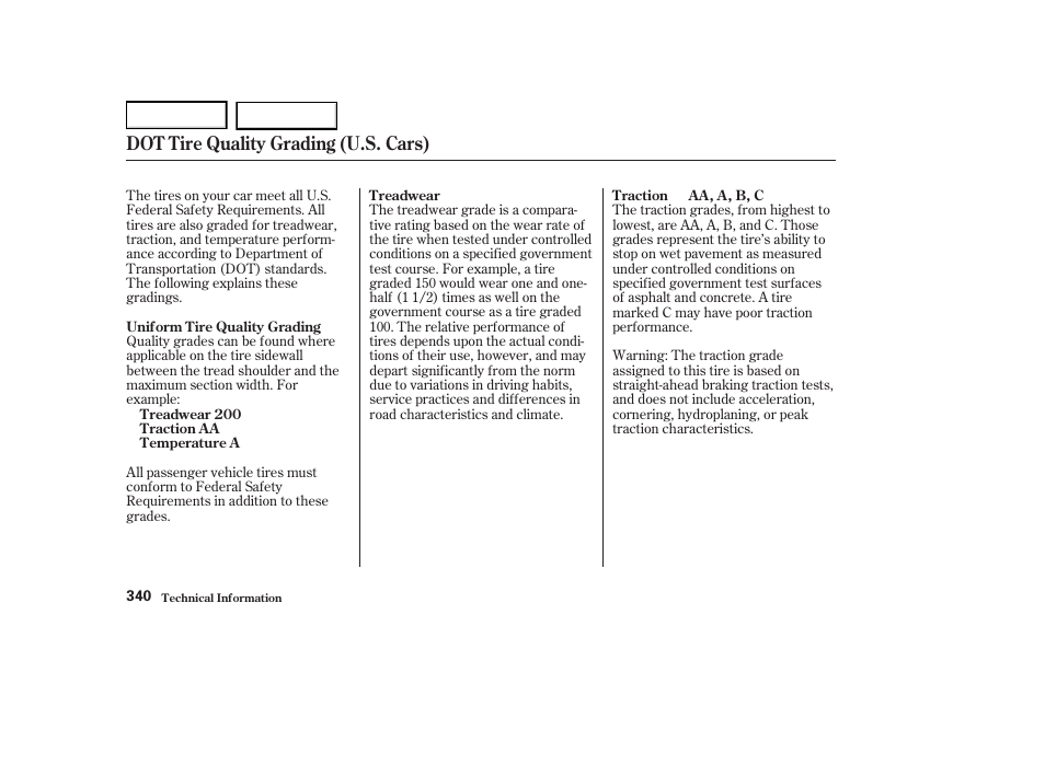 Dot tire quality grading (u.s. cars) | Acura 2004 RL - Owner's Manual User Manual | Page 343 / 370