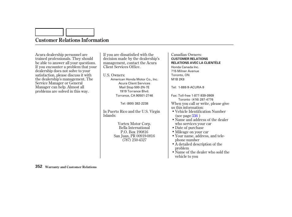 Customer relations information | Acura 2004 RL - Owner's Manual User Manual | Page 355 / 370