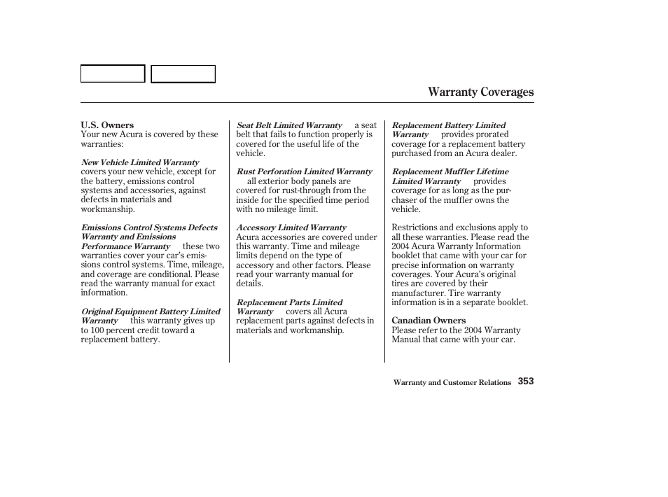 Warranty coverages | Acura 2004 RL - Owner's Manual User Manual | Page 356 / 370